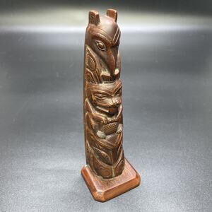 Vintage Inuit Hand Carved Totem Pole 7.5" Folk Art Made in Alaska